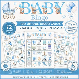 May include: A baby shower bingo game set featuring blue watercolor illustrations of teddy bears, baby carriages, and balloons. The design includes 100 unique bingo cards, 72 calling cards, and text elements like BABY Bingo, 100 UNIQUE BINGO CARDS, and 72 CALLING CARDS, presented in a printable digital format.