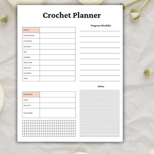 May include: A white Crochet Planner with a pink header and sections for pattern details, progress checklist, and notes. The planner includes spaces for pattern source, hook size, and color name. The text "Crochet Planner" is at the top.
