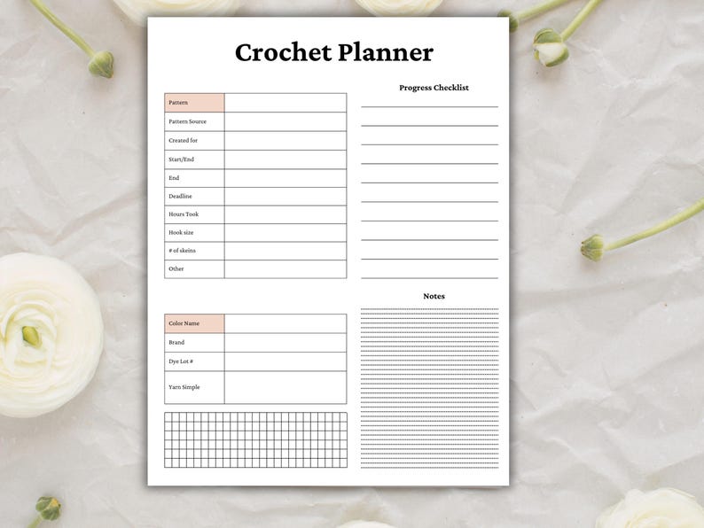 May include: A white Crochet Planner with a pink header and sections for pattern details, progress checklist, and notes. The planner includes spaces for pattern source, hook size, and color name. The text "Crochet Planner" is at the top.