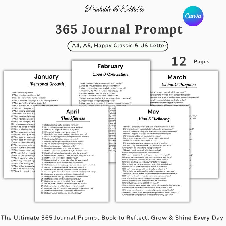 May include: A printable and editable 365 Journal Prompt book with prompts for personal growth, love, connection, vision, and more. The journal is available in A4, A5, Happy Classic, and US Letter sizes. The cover features prompts for January, February, March, April, and May.