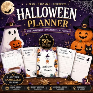 May include: A Halloween planner featuring 50+ pages with a dark purple background, a ghost in a witch hat, and jack-o'-lanterns. The cover displays the text Halloween Planner, Plan Organize Celebrate, and Stay Organized Save Money Have Fun.