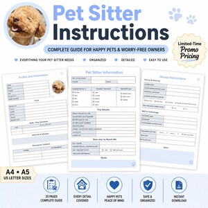 May include: A printable pet sitter instruction guide featuring three document pages with sections for pet profile, trip details, and house instructions. The design includes blue text, paw print icons, and a photo of a brown dog. Available in A4, A5, and US Letter sizes.
