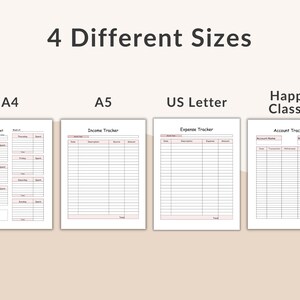 May include: Image showing four different sizes of printable planner pages: A4, A5, US Letter, and Happy Classic. Each page features a different layout, including a weekly budget, income tracker, expense tracker, and account tracker. The text "4 Different Sizes" is at the top.