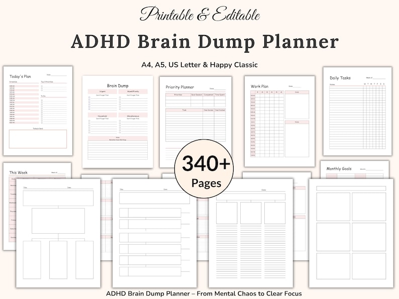 ADHD Brain Dump Template, Adult ADHD Planner, ADHD Tracker, Priority Matrix, Work Day Planner, Thoughts Organizer, Brain Dump pdf, Printable image 1
