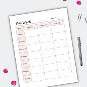 May include: A weekly planner titled "This Week" with sections for date, morning, afternoon, and evening. A pen, paper clips, and pink flower petals are scattered around the planner on a white surface.