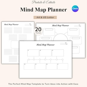 May include: Several white Mind Map Planner templates are shown, each with a different layout. One has a circular diagram, others have linear and grid designs. The text "Mind Map Planner" is displayed. The templates are A4 and US Letter size.