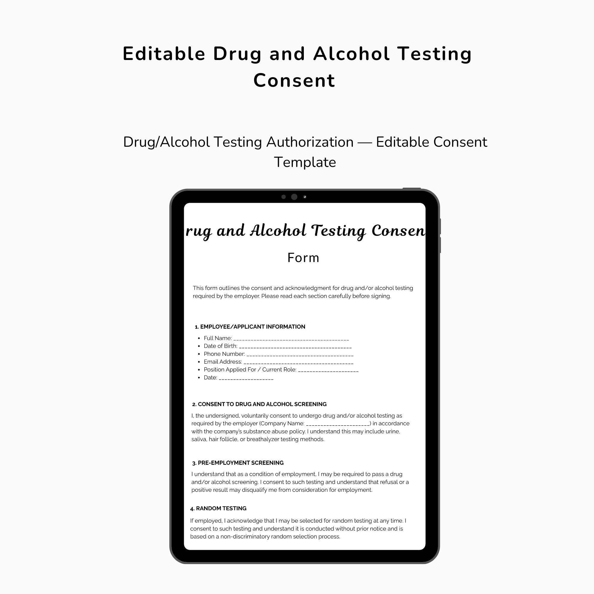 Drug and Alcohol Testing Consent Form Template, Testing Consent Forms ...