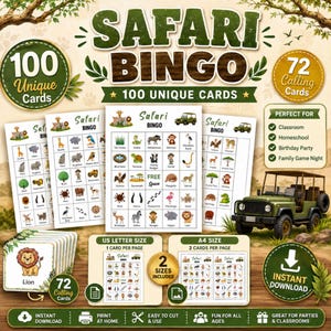 Pode incluir: Um conjunto de jogo Safari Bingo com 100 cartões únicos e 72 cartões de chamada. O design inclui ilustrações de vários animais, um veículo de safari e etiquetas de texto. O conjunto está disponível em tamanho carta EUA e A4 para download.