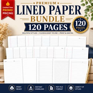 Peut inclure: Un ensemble numérique de 120 pages de papier ligné premium avec plusieurs styles, incluant des grilles, des points et des listes. Le texte indique Premium Lined Paper Bundle 120 Pages. La collection présente divers modèles de pages.