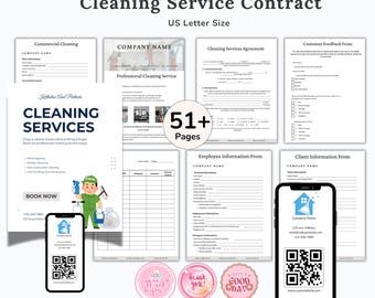 May include: A cleaning service contract template with multiple pages, including forms for commercial cleaning, customer feedback, and employee information. The design features a cartoon cleaner and QR codes.