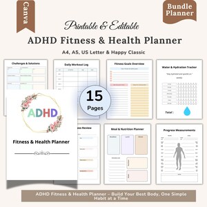 Peut inclure: Un planificateur de santé et de fitness ADHD imprimable et modifiable de 15 pages. Le planificateur comprend des sections pour les défis, les journaux d'entraînement, les objectifs de fitness et le suivi de l'eau. Le design présente des accents floraux.