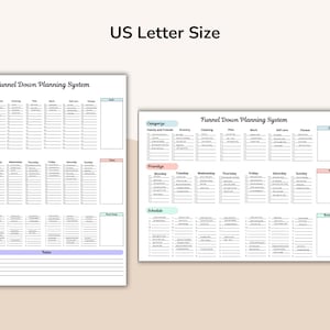 May include: Two white US Letter Size planner sheets with the text "Funnel Down Planning System". The sheets have sections for categories, priorities, schedules, and tasks. The planner sheets are on a light beige background.