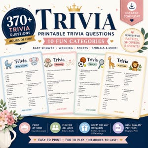 Puede incluir: Una colección digital de más de 370 preguntas de trivia imprimibles en 10 categorías, incluyendo baby shower, bodas, deportes y animales. El conjunto presenta tarjetas de preguntas ilustradas con opciones múltiples, presentadas en un diseño limpio con acentos florales e iconos decorativos para actividades de eventos.