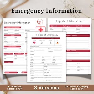 May include: A printable and editable PDF emergency information template with sections for contact information, medical details, and home address. The design includes a red cross, a phone icon, and the text "Emergency Information."