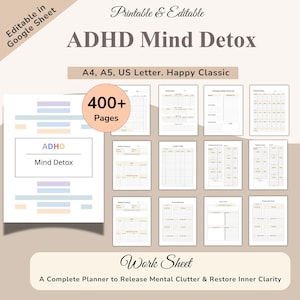 May include: A printable and editable ADHD Mind Detox worksheet with over 400 pages. The planner includes sections for medication, meal planning, and financial goals. The design is in pastel colors with the text "ADHD Mind Detox".