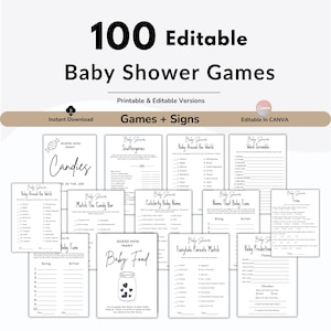 May include: A collection of 100 editable baby shower games. The games include categories like "Guess How Many Candies", "Scattergories", "Baby Around the World", and "Word Scramble". The games are printable and editable, with an instant download option.