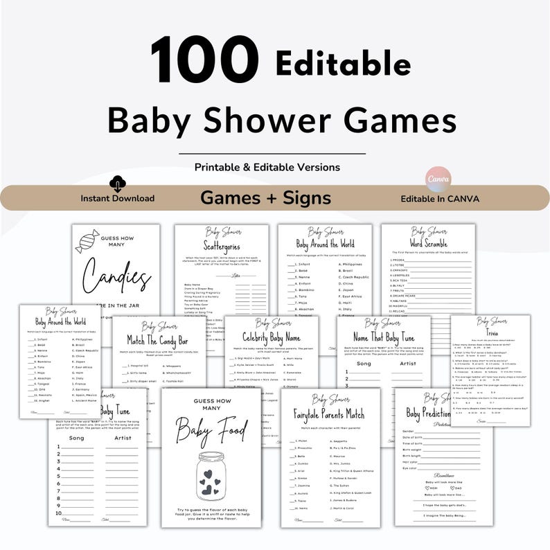 K&ouml;nnte beinhalten: Eine Sammlung von 100 bearbeitbaren Babyparty-Spielen, druckbar und bearbeitbar. Spiele umfassen "Sch&auml;tze wie viele S&uuml;&szlig;igkeiten", "Scattergories", "Baby Around the World" und "Wortsalat". Sofortiger Download verf&uuml;gbar.