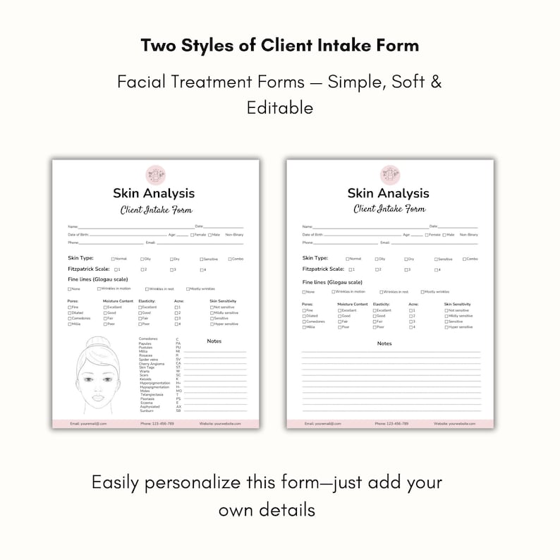 Skin Script Intake Form Editable Facial Treatment Forms, Facial Consultation, Client Intake ...