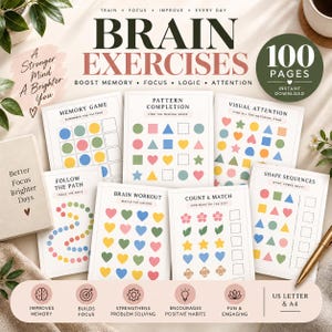 Pode incluir: Uma coleção de folhas de exercícios cerebrais com formas geométricas coloridas, padrões e quebra-cabeças lógicos. As páginas incluem títulos como Memory Game, Pattern Completion e Count & Match, com o texto 100 Pages e US Letter & A4.