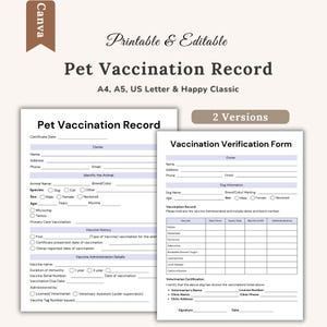 May include: Printable and editable pet vaccination record with two versions. The forms include sections for owner information, animal details, vaccine history, and administration details. Available in A4, A5, US Letter, and Happy Classic sizes.