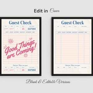 May include: Two framed "Guest Check" prints. One features the text "Good Things are Coming!" in pink script with a sun and smiley face. The other is a blank version. Both have a blue header.