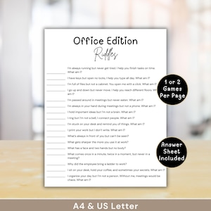 Op de afbeelding: Een wit printbaar spelblad getiteld Office Edition Riddles met zwarte tekst met diverse raadsels over kantoor en lege regels voor antwoorden. Twee zwarte ronde badges geven aan 1 or 2 Games Per Page en Answer Sheet Included.