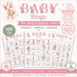 May include: A digital Baby Bingo game set featuring 100 unique cards in a pink watercolor theme. The design includes illustrations of teddy bears, baby carriages, and various baby items. Text includes Baby Bingo, 100 Unique Bingo Cards, and A4 size.