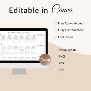 May include: A computer screen displays a "Funnel Down Planning System" template, editable in Canva. The template includes sections for categories, priorities, and a schedule. Additional text highlights features like a free Canva account and customizable options.