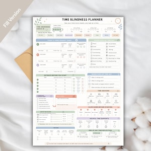 May include: A Time Blindness Planner printable sheet with a light-colored background and pastel-toned sections. The document includes fields for task tracking, time awareness check-ins, reality checks, time anchors, and end-of-day reflections.