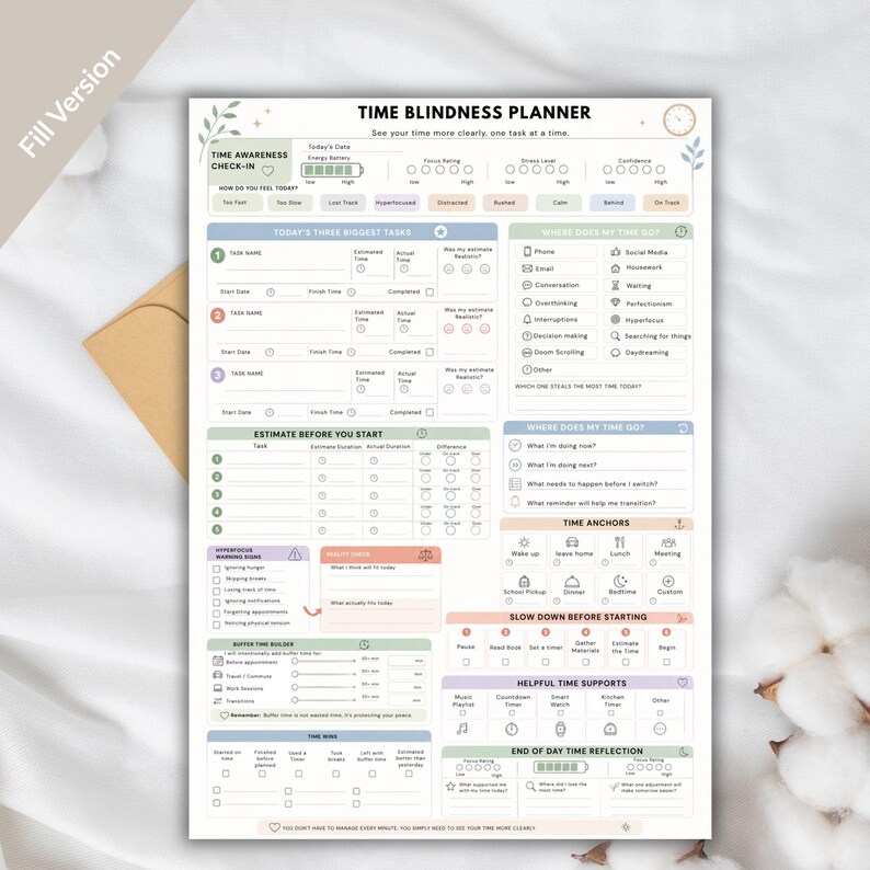 May include: A Time Blindness Planner printable sheet with a light-colored background and pastel-toned sections. The document includes fields for task tracking, time awareness check-ins, reality checks, time anchors, and end-of-day reflections.