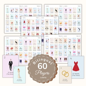 May include: A set of Lotería game boards and cards featuring wedding-themed illustrations with bilingual Spanish and English text. The collection includes multiple numbered tablas and individual cards displaying icons like a bride, groom, rings, and dress.