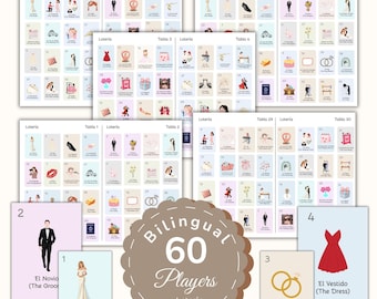 Bridal Shower Loteria Game, Bilingual Mexican Loteria 60 Players, English & Spanish, Mexican Bridal Shower,  (Digital Download)
