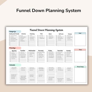 May include: A white planner titled "Funnel Down Planning System" with sections for categorization, prioritization, and scheduling. The planner includes checkboxes for tasks and a section for notes and a brain dump.