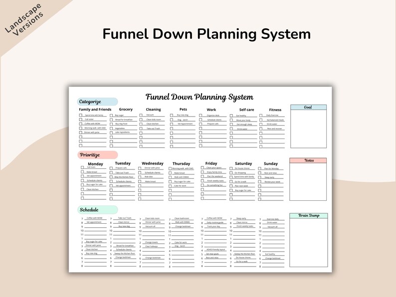 May include: A white planner titled "Funnel Down Planning System" with sections for categorization, prioritization, and scheduling. The planner includes checkboxes for tasks and a section for notes and a brain dump.