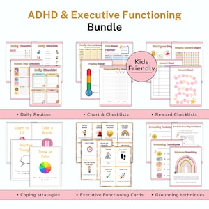 Może przedstawiać: Zestaw materiałów dla ADHD i funkcjonowania wykonawczego z różowymi i białymi stronami. Zestaw zawiera codzienne listy kontrolne, tabele nagród, strategie radzenia sobie i karty funkcjonowania wykonawczego. Widoczny jest również tekst "Kids Friendly".