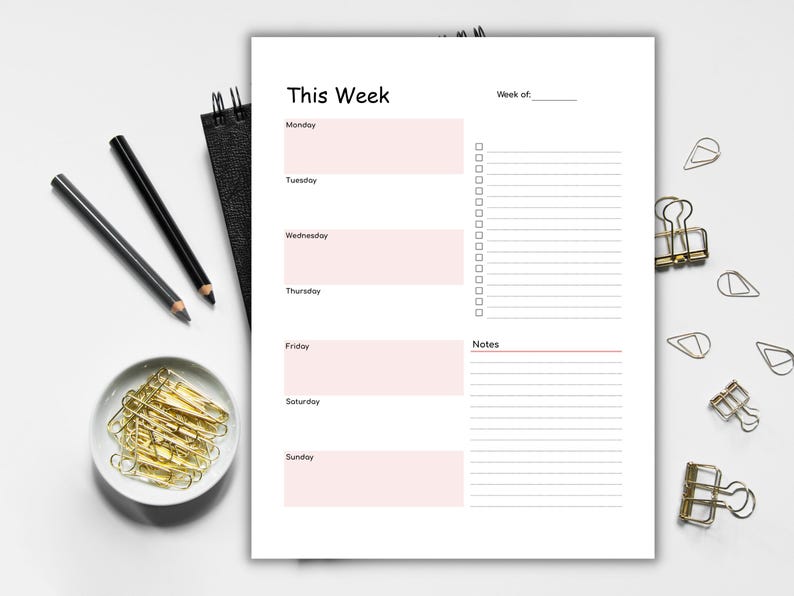 May include: A weekly planner with the title "This Week" and sections for each day, plus a notes section. Includes pencils, a small dish of gold paper clips, and binder clips. The planner has a white background with pink accents.