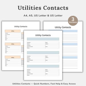 Puede incluir: Tres hojas de contactos de servicios públicos con el título "Utilities Contacts". Las hojas son blancas con detalles en azul claro y naranja. También se ve el texto "A4, A5, US Letter & US Letter". Diseñadas para un acceso rápido.