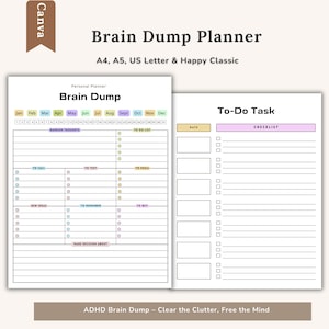 May include: A planner with the text "Brain Dump Planner" and "To-Do Task" on white paper. The planner includes sections for random thoughts, to-do lists, and checklists. The planner is available in A4, A5, US Letter, and Happy Classic sizes.