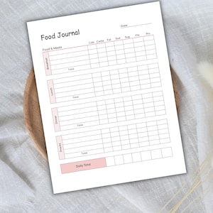 May include: A white Food Journal with pink accents, featuring sections for tracking food intake. The journal includes spaces for recording calories, carbs, fat, sodium, sugar, fiber, and protein. It is designed for daily tracking of breakfast, lunch, dinner, and snacks.