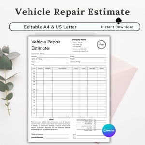 Vehicle Repair Estimate Template Sheet, Automotive Service Invoice, Auto Body Shop, Printable Download