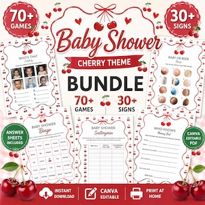 May include: A digital baby shower game bundle featuring a cherry theme with red cherries and hearts. The set includes over 70 games and 30 signs, such as Who's That Celebrity, Baby or Beer Bump, Bingo, Scattergories, and Who Knows Mommy Best.