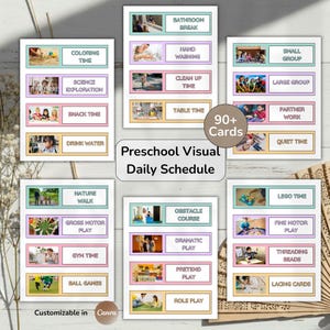 Puede incluir: Un conjunto de tarjetas de horario visual diario para preescolar. Cada tarjeta presenta una actividad diferente, como la hora de colorear, la hora de la merienda y la caminata por la naturaleza. Las tarjetas son personalizables en Canva e incluyen más de 90 tarjetas.