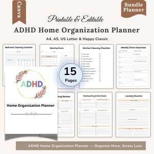 Peut inclure: Un planificateur d'organisation domestique ADHD imprimable et modifiable de 15 pages. Le planificateur comprend des listes de contrôle pour le nettoyage de la chambre et de la cuisine, des notes de réunion et un aperçu hebdomadaire des tâches ménagères.