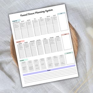 May include: A white planner sheet with the title "Funnel Down Planning System" in a handwritten font. The sheet is divided into sections for categories, priorities, and schedules, with checkboxes and space for notes. The planner is on a wooden tray.