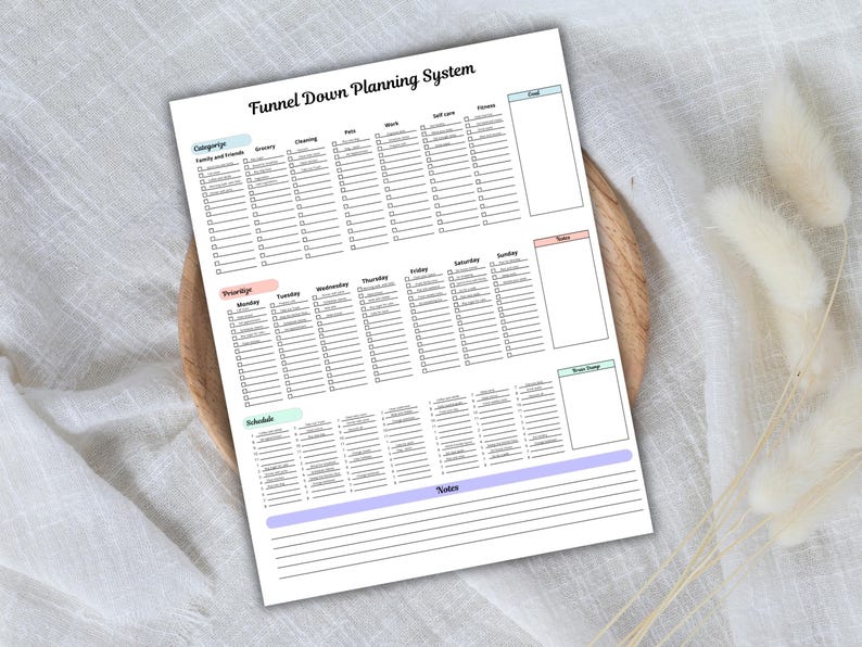 May include: A white planner sheet with the title "Funnel Down Planning System" in a handwritten font. The sheet is divided into sections for categories, priorities, and schedules, with checkboxes and space for notes. The planner is on a wooden tray.