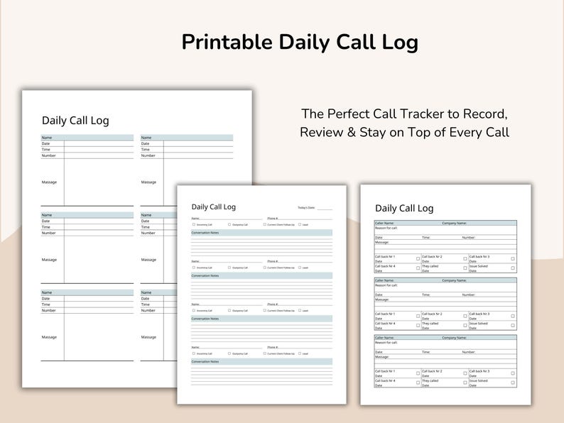 Daily Call Log Sheet Printable, Real Estate Call Log, Call Back Tracker ...