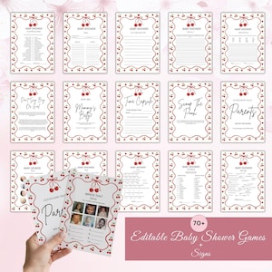 May include: A collection of printable baby shower game cards and signs featuring a red cherry border pattern. Each white card includes black text for various activities like Baby Shower Bingo, Time Capsule, and Guess Who, with a cherry motif.