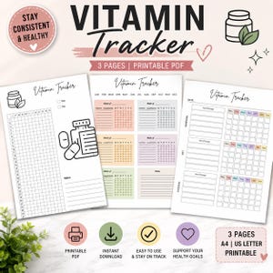 Op de afbeelding: Een set van drie printbare PDF-pagina's voor vitamine-tracking met een maandoverzicht, wekelijkse supplementenlogboeken en dagelijkse doseringsschema's, voorzien van zwart-witte lijntekeningen van vitamineflesjes en pastelkleuren.
