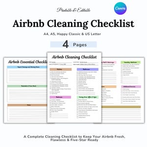 May include: A printable Airbnb cleaning checklist with sections for the kitchen, bathroom, bedroom, and living area. The checklist includes a section for essential items and reminders. The document is available in A4, A5, Happy Classic, and US Letter sizes.