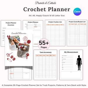 May include: A printable crochet planner with pages for project tracking, yarn inventory, and measurements. The planner includes 55+ pages and is available in A4, A5, Happy Classic, and US Letter sizes. The cover features a photo of crochet items.
